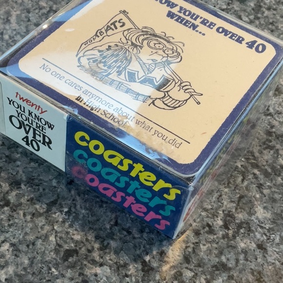 Vintage “Over Forty” box of beverage coasters from 1989. Never used. - Picture 9 of 9
